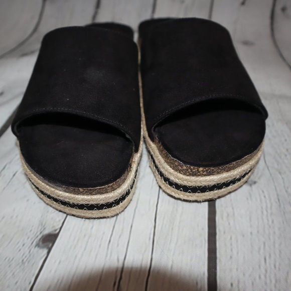 Qupid Meagan Black Open Toe Espadrille Cork Slide Platform Sandal Women's Size 7 - Picture 4 of 6